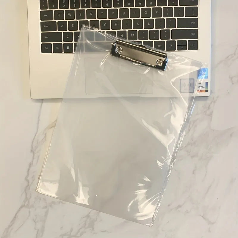 Transparent plastic A4 plate holder with metal clip and integrated writing board surface, shown in blue.