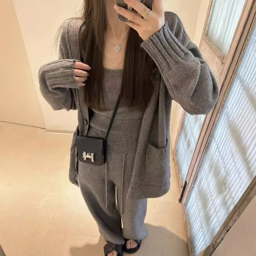Women's three-piece knit set with cardigan and casual pants in light brown colour