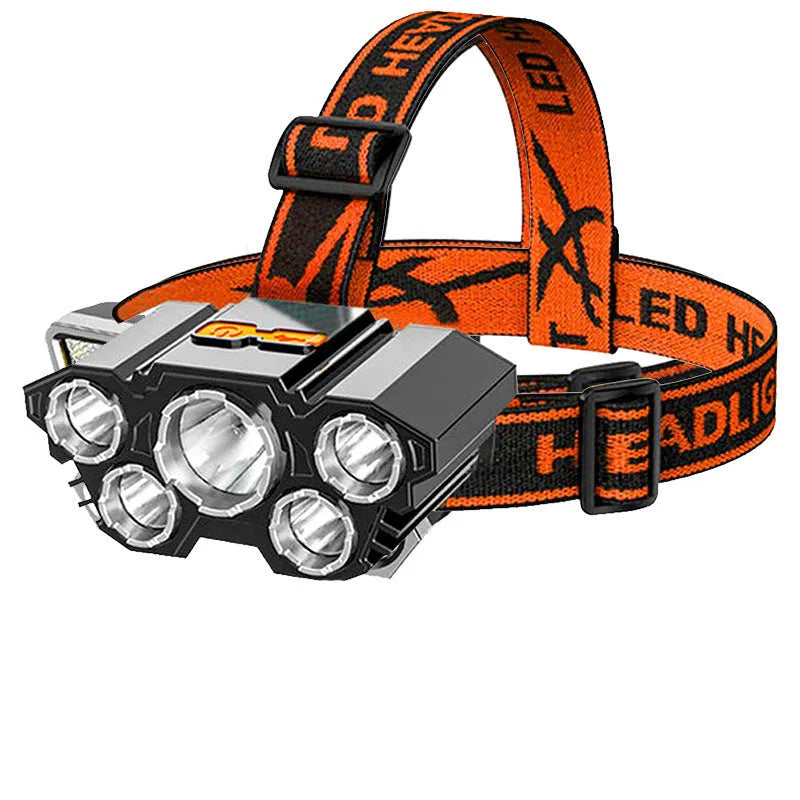 A PVC-built, head-mounted 10W LED miner's lamp with adjustable strap, shown with its USB charging cable and colour box packaging.
