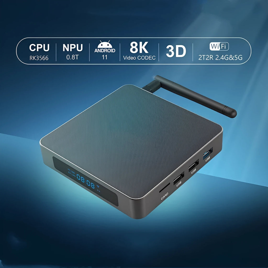 Square black Android TV set-top box with HDMI port and remote control on a wooden surface