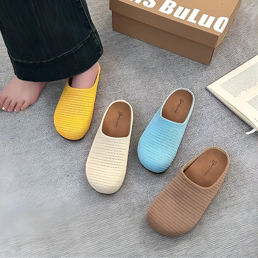 Baotou Boken non-slip women's slippers round toe cloth upper rubber sole blue colour