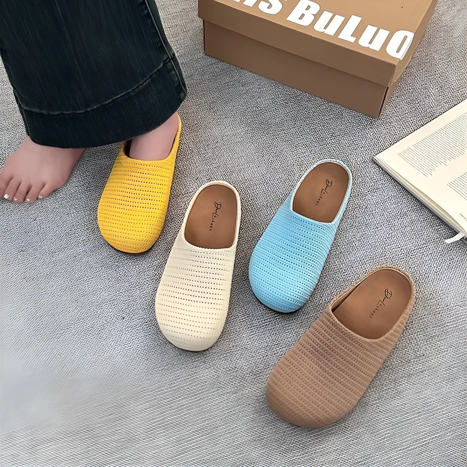 Baotou Boken non-slip women's slippers round toe cloth upper rubber sole blue colour