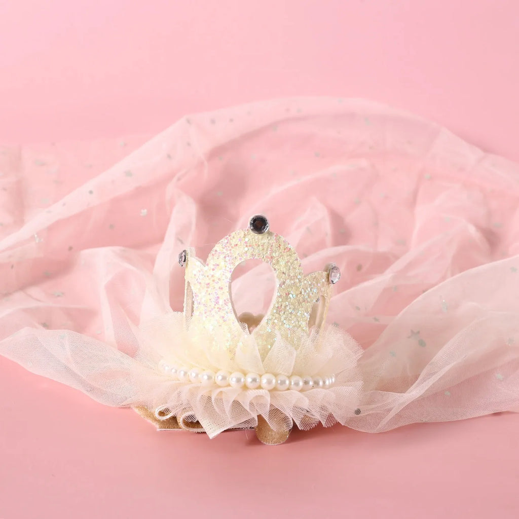 Pet cat wearing a princess crown headdress with a choice of beige or pink crown veil