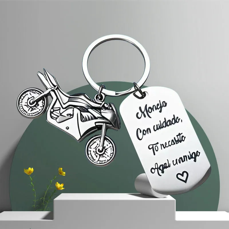 Stainless steel motorcycle keychain with inspirational design and flannel storage bag