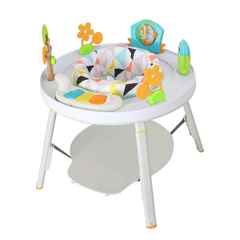 Baby in three-in-one jumper seat with duck design, bouncing with interactive toys