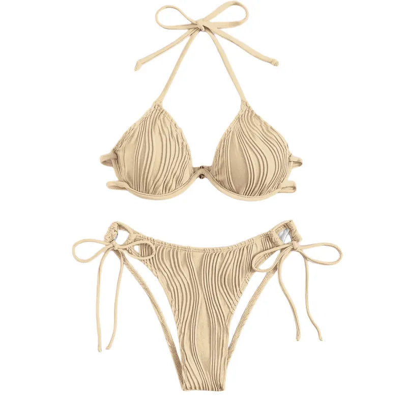 Women's apricot coloured bikini swimsuit with steel underwire on a mannequin