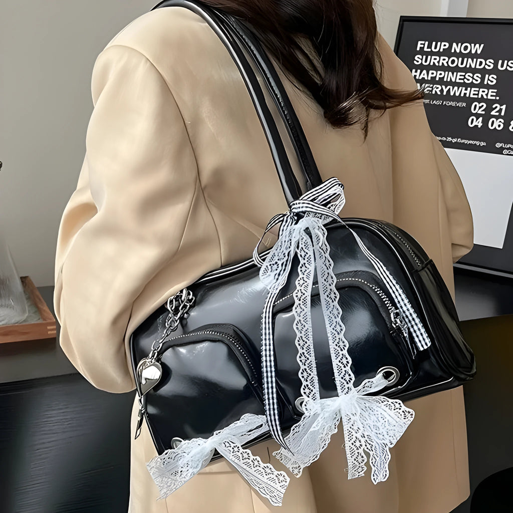 Horizontal square PU leather shoulder bag with double straps and interior phone compartment in beige colour