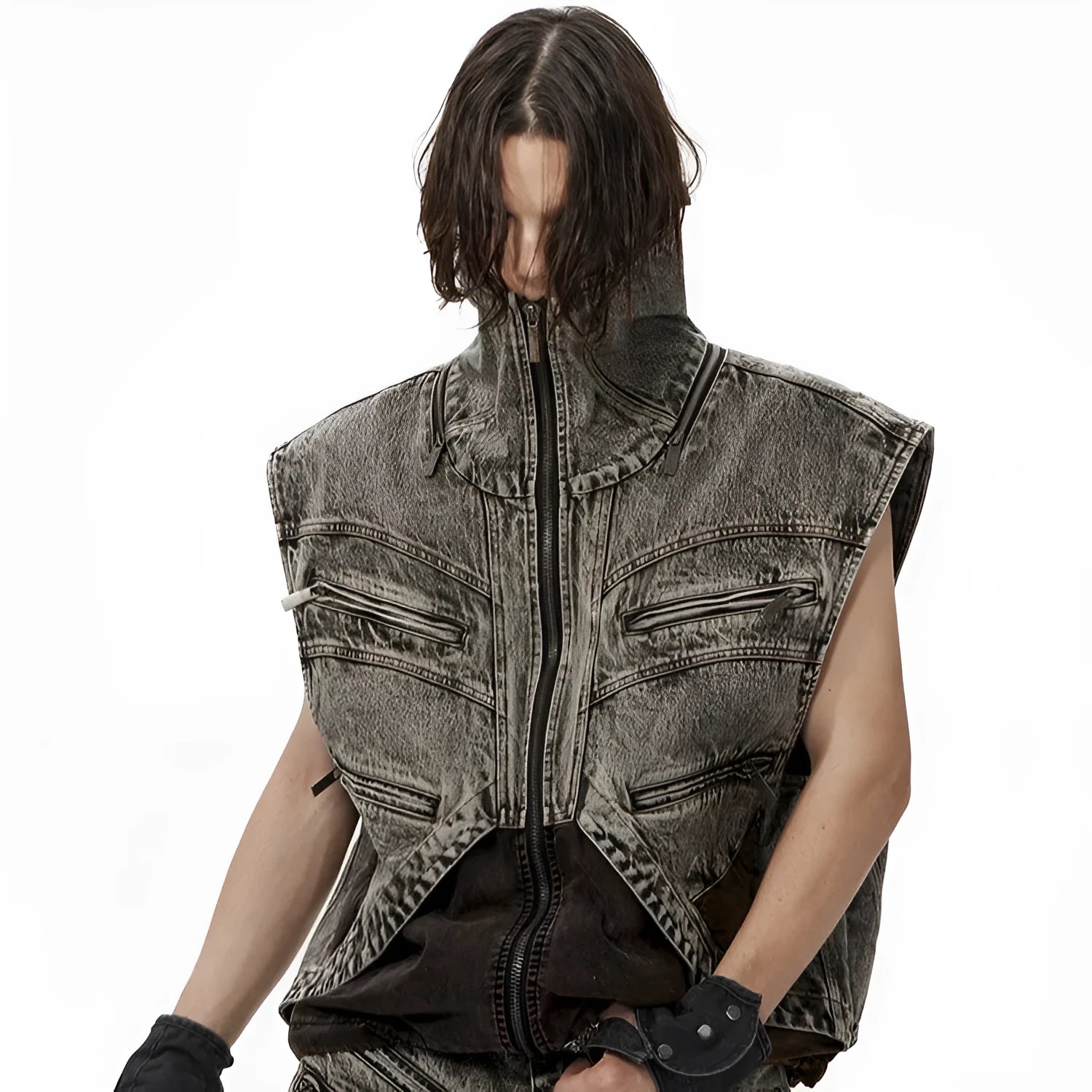 Men's spliced denim vest jacket with front zipper and sleeveless summer design