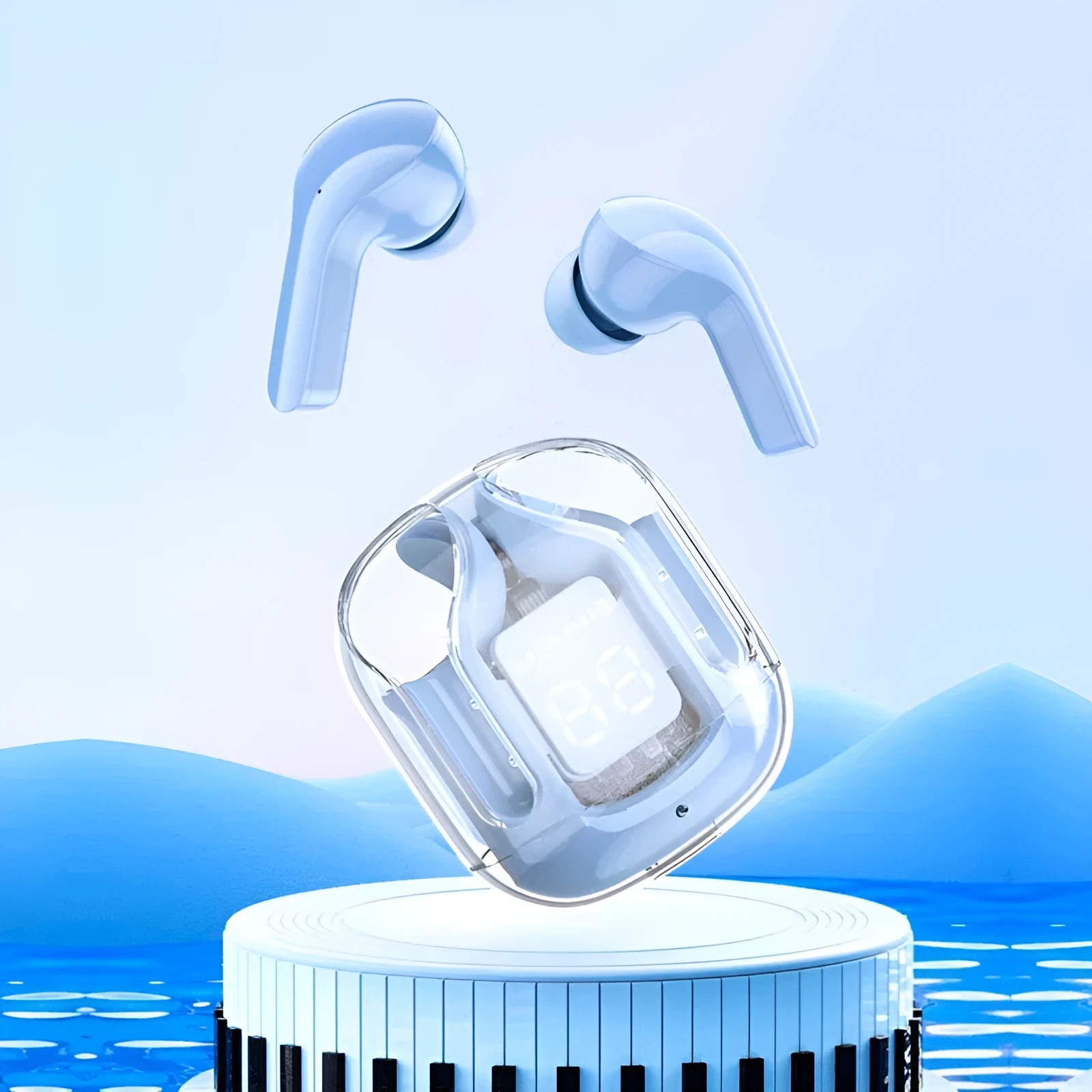 Space Capsule transparent case Bluetooth headset with digital display screen in multiple colour options