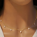 Silver drop-shaped artificial zircon necklace on an O-chain with triangular detail, showing rose gold and golden yellow colour options.