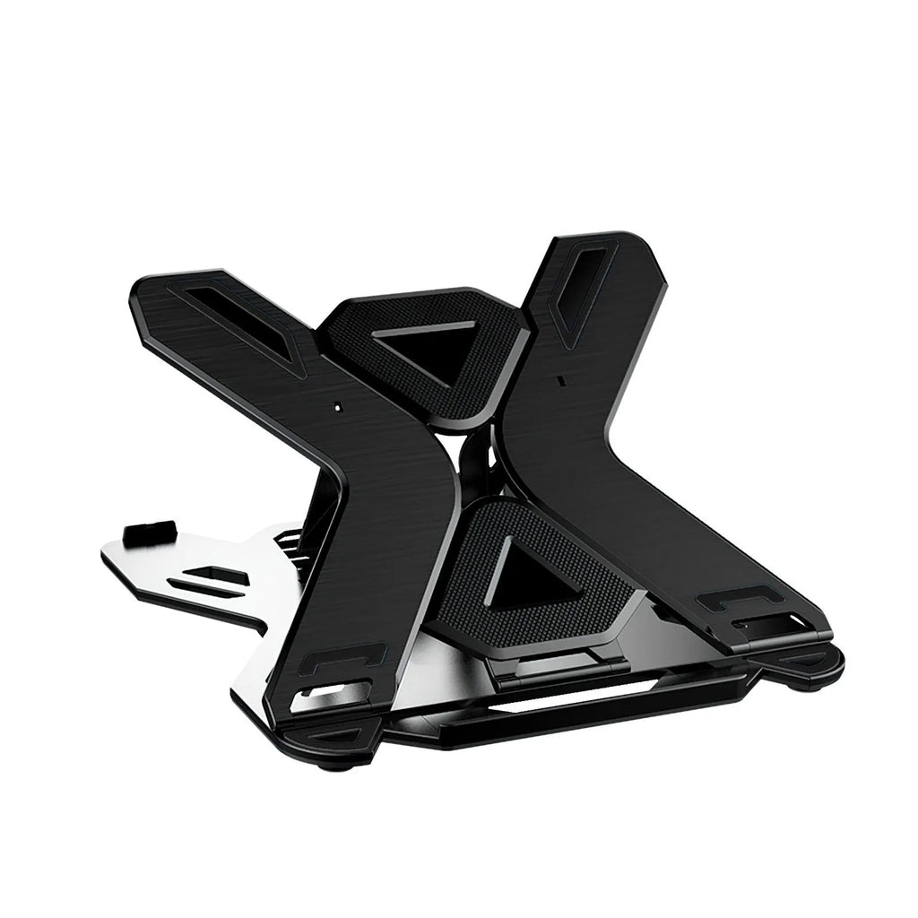Black ABS plastic laptop stand with integrated strap phone holder on wooden desk