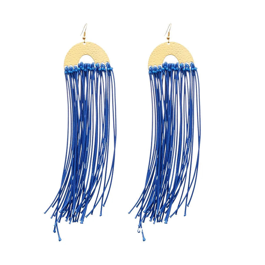 Women's geometric earrings with blue resin flowers on fabric in silver needle colour with circular design elements