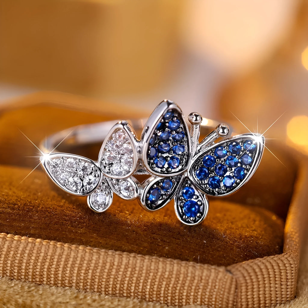 Blue and white butterfly ring for women, copper with electroplating finish, size No 8