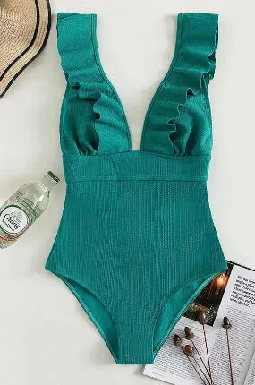 Women's one-piece solid-colour swimsuit with ruffled shoulder straps and back lace, black colour