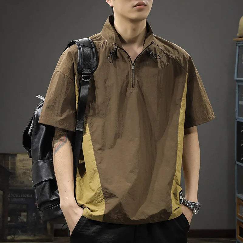Men's brown ice silk half-zip stand collar business shirt with short sleeves on hanger