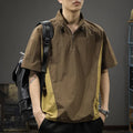 Men's brown ice silk half-zip stand collar business shirt with short sleeves on hanger