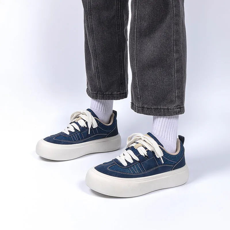Raised bottom canvas shoes for men in black with breathable mesh lining and platform sole