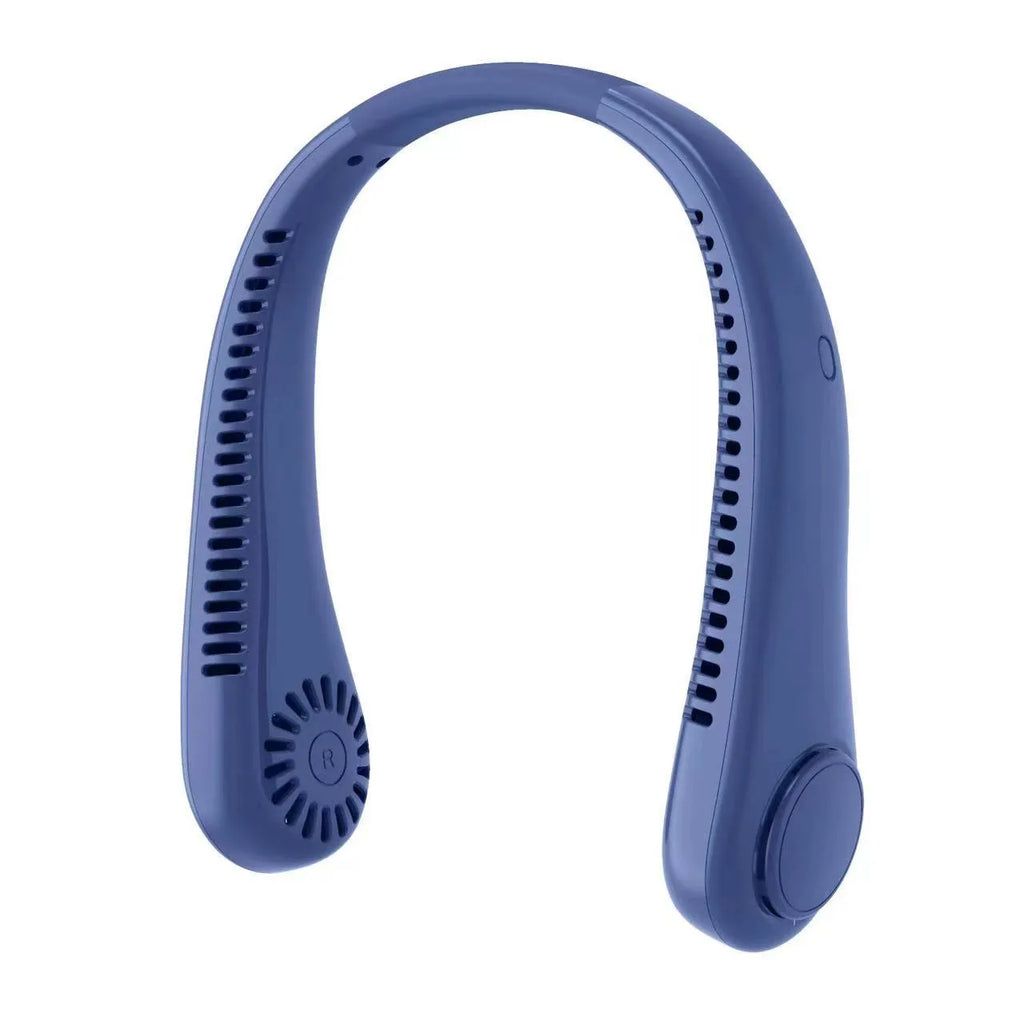 Rechargeable neck fan in leafless design worn around neck with decentralised air outlet