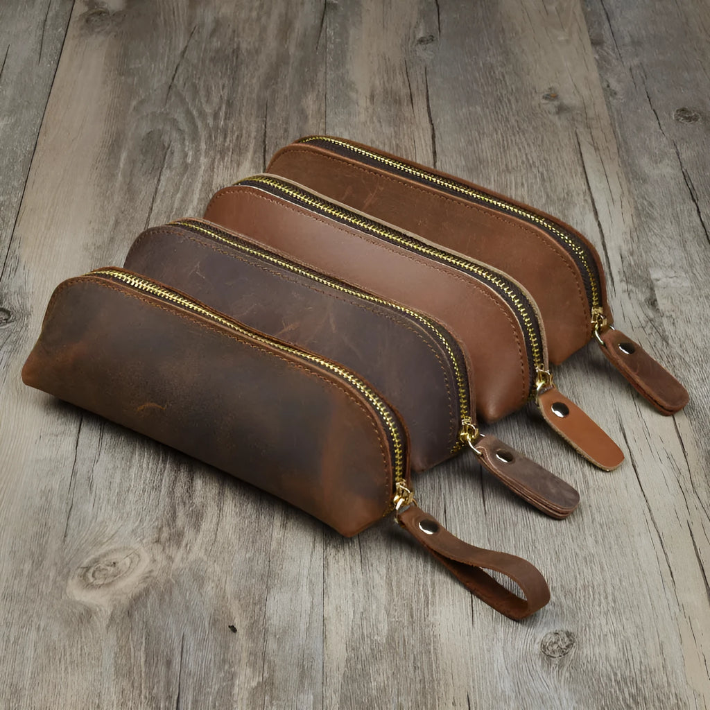 Genuine cowhide leather pencil case with zipper closure showing black colour option