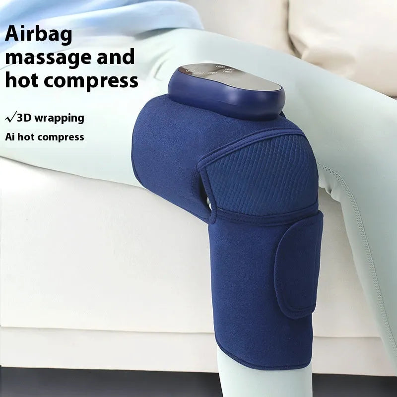 Blue self-heating knee massager with adjustable straps for vibration, heat and air pressure therapy