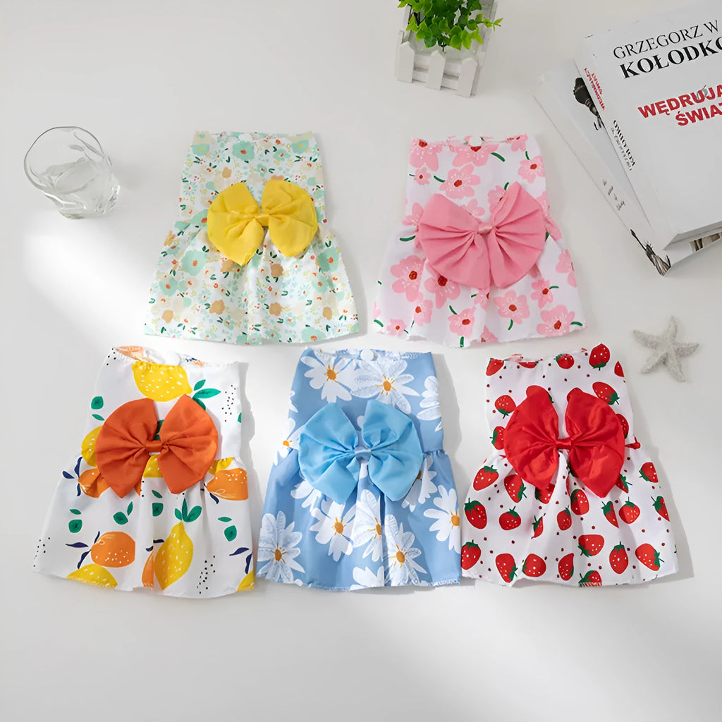 Ultra-thin polyester pet dress with floral butterfly knot design in multiple colour bow options