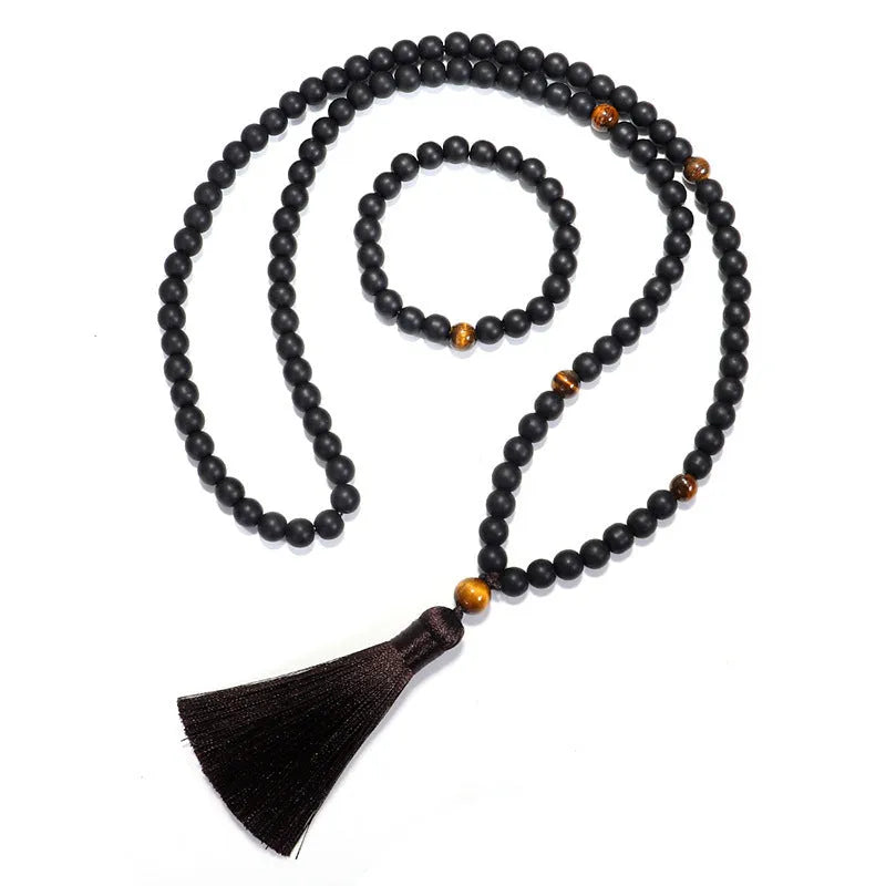 108 stone tigereye yoga beaded bracelet necklace set with tassel pendant