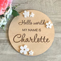 15cm square plywood newborn birth information plaque showing three style options for name and details display