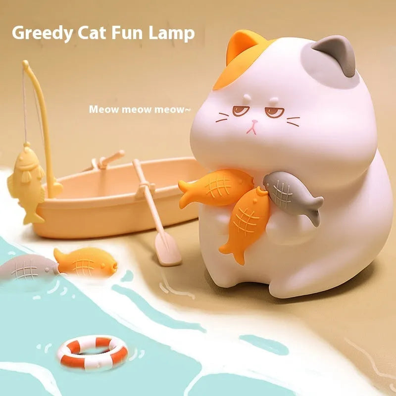 Greedy Cat small desktop night light in whitebait style with cartoon cat shape and LED glow