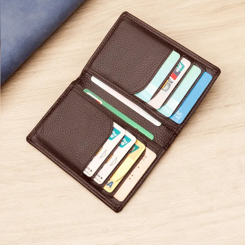 Men's genuine cowhide leather credit card holder in black with solid pattern