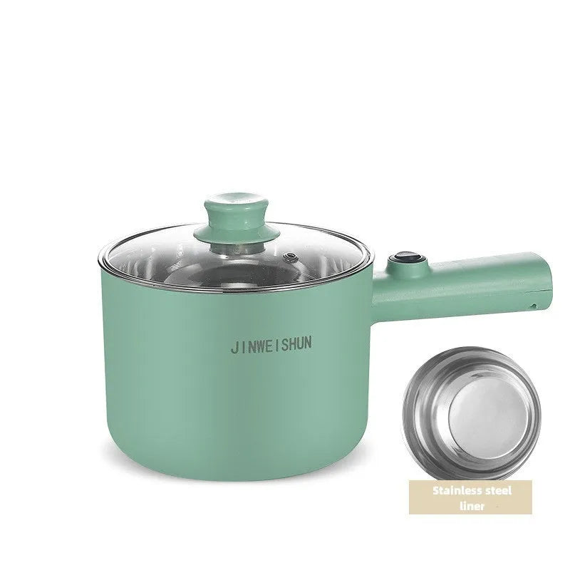 Mini hot pot electric cooker with stainless steel body, non-stick pot, available in green, compact size 12.7x17x15 cm