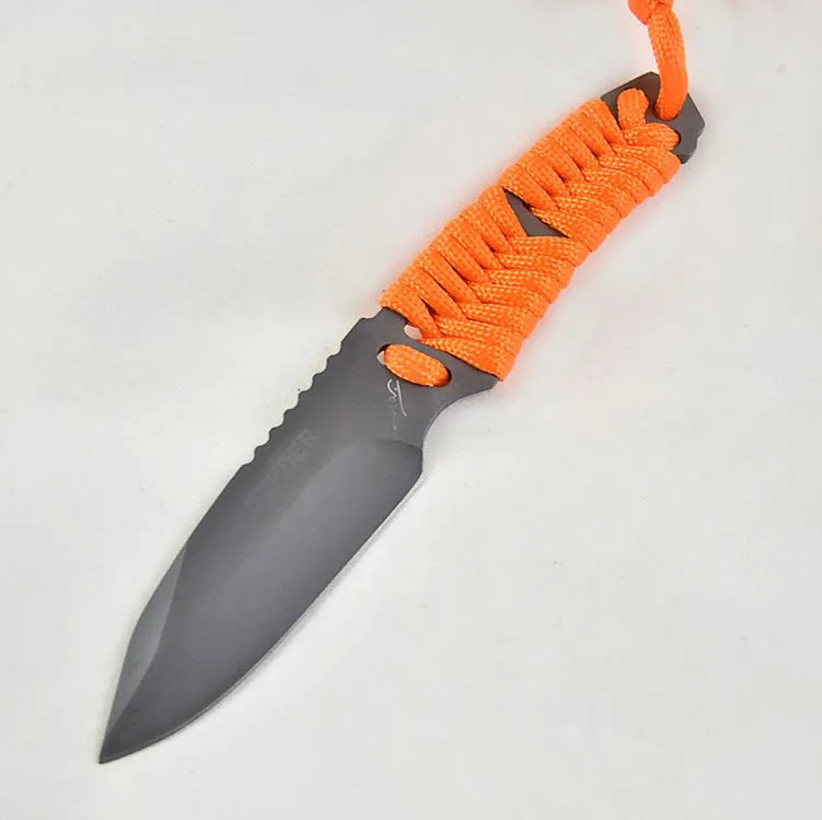 Outdoor camping survival knife with 80mm sanded 5Cr15 blade and rope handle