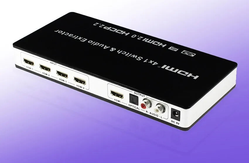 Black HDMI video switch with four inputs and one output, remote control, and power adapter