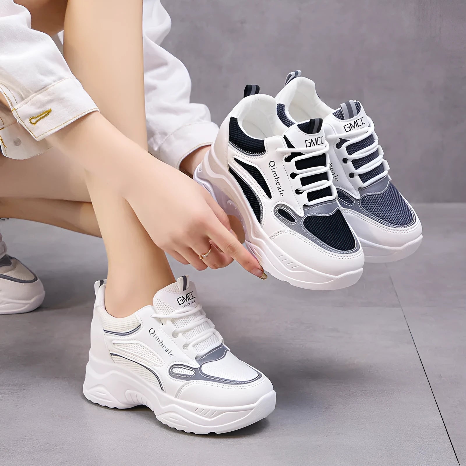 White mesh and PU dad sneakers with height-increasing platform sole and 6-8cm wedge heel