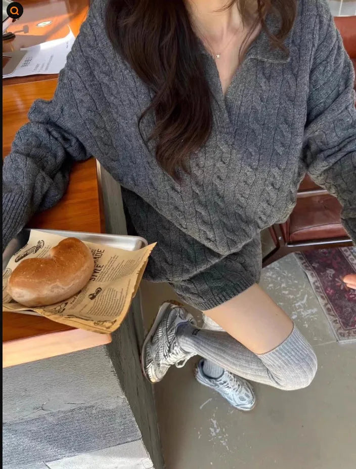 Women's creamy-white cable knit sweater and shorts set with geometric pattern and elastic waistband
