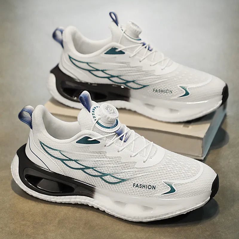 Low-top youth sneaker with a rotating button closure on a rubber sole, shown in light blue mesh.