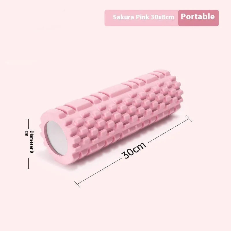A black EVA foam roller for fitness and muscle recovery, shown alongside pink and sky blue colour options.