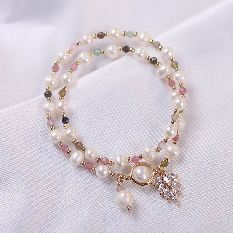 Women's double layer strawberry quartz bracelet with Lucky Cat charm in Red Cat's Eye Flowers colour