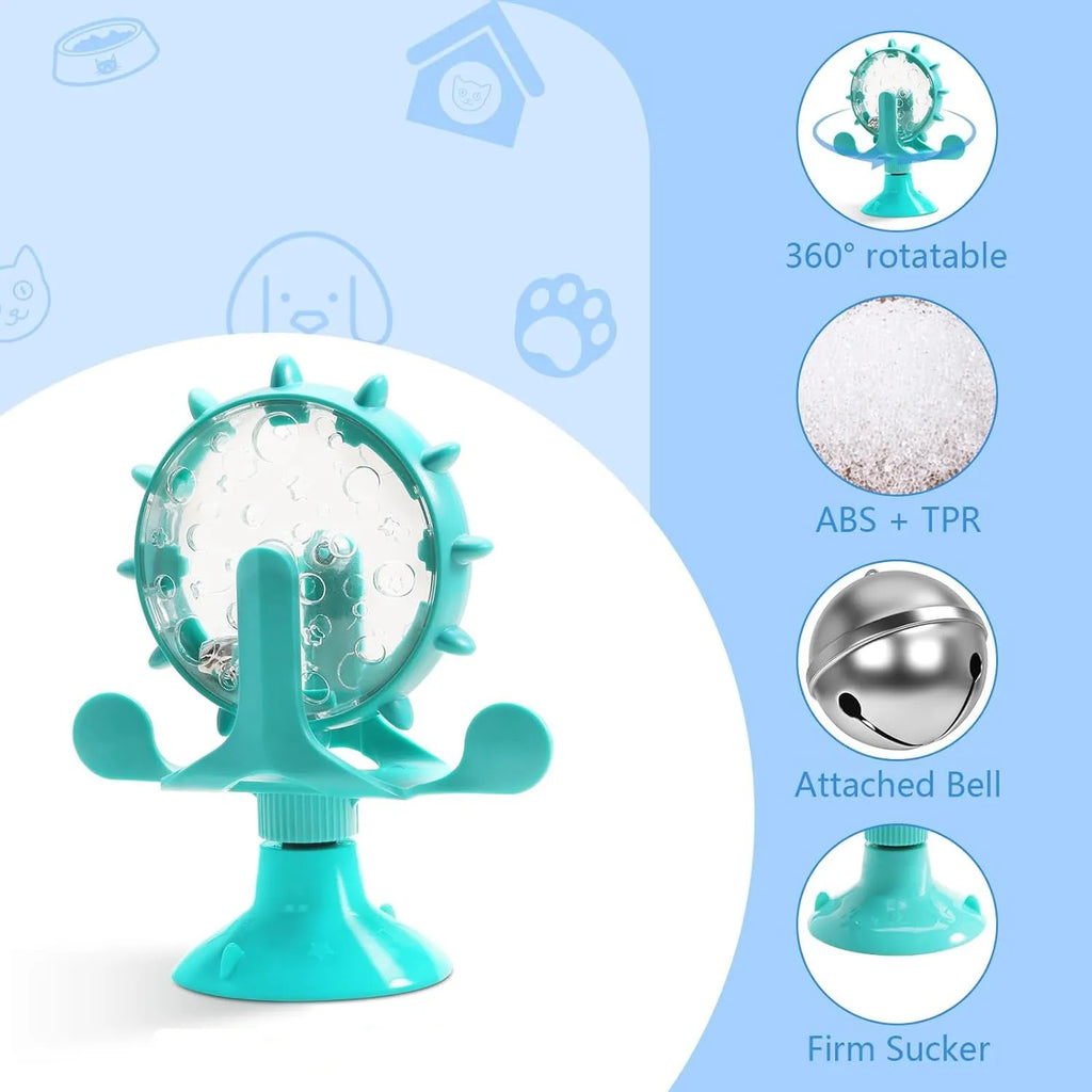 Interactive pet puzzle feeder toy with rotating food dispenser and sucker base in blue green red yellow