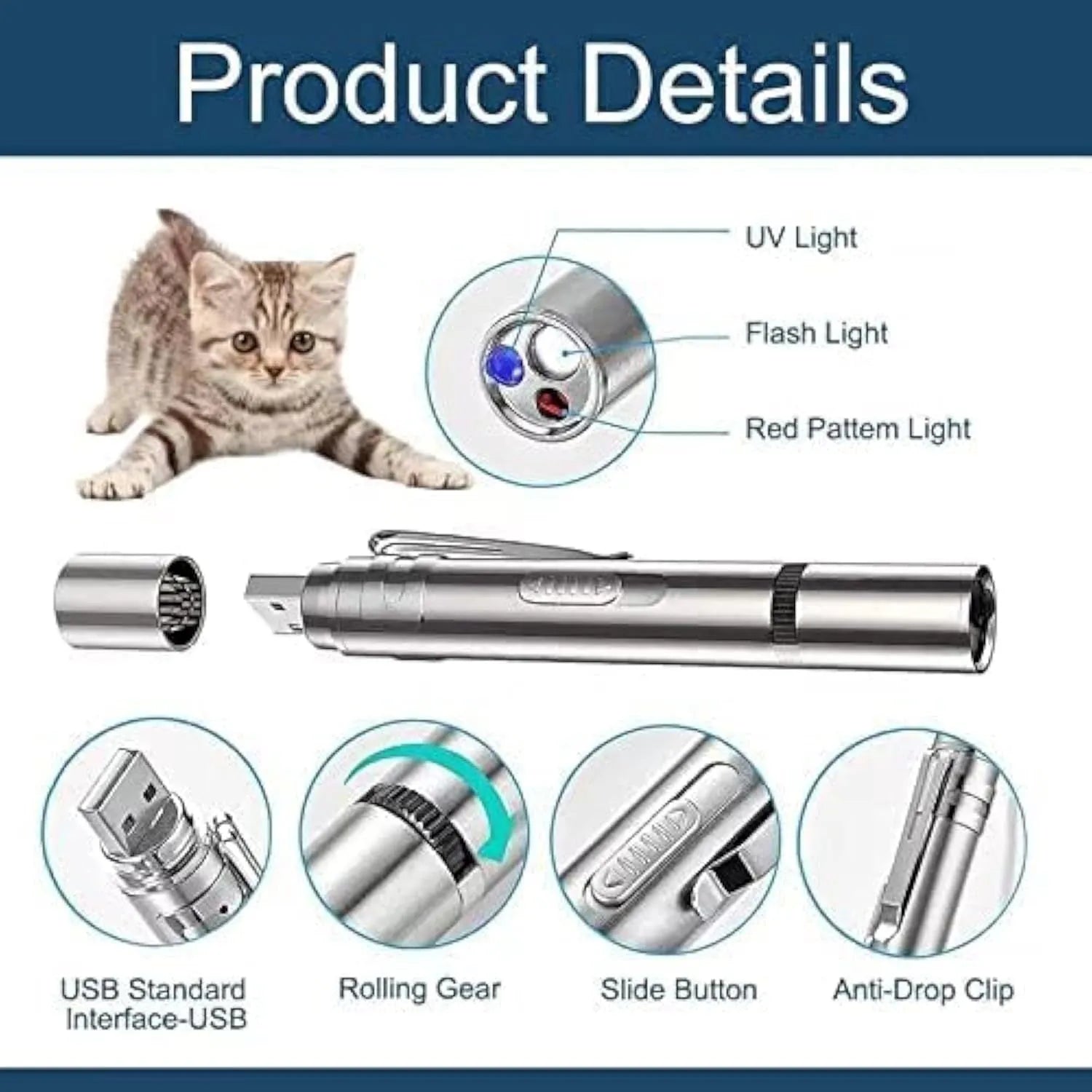 Silver aluminium cat laser toy pointer with USB charging port and pattern adjustment dial