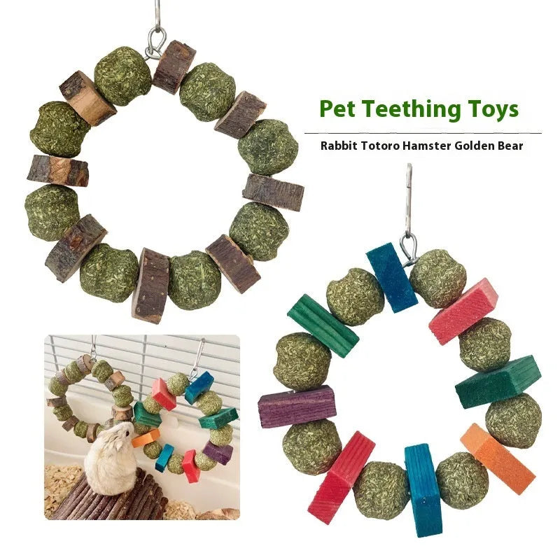 Hamster chew toy with decorative straw ball ring and Applewood gnawing rod for small pets