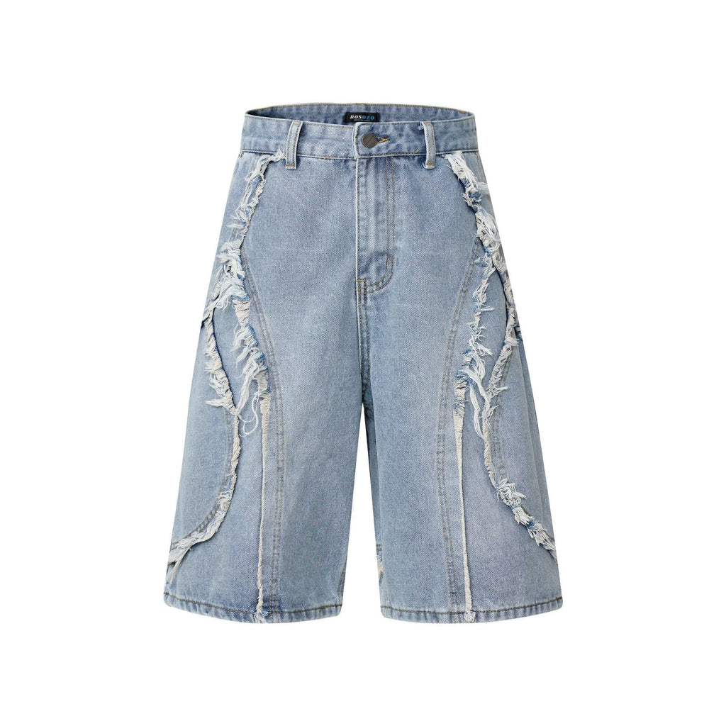 Men's distressed denim shorts with raw edge hem in straight leg fit