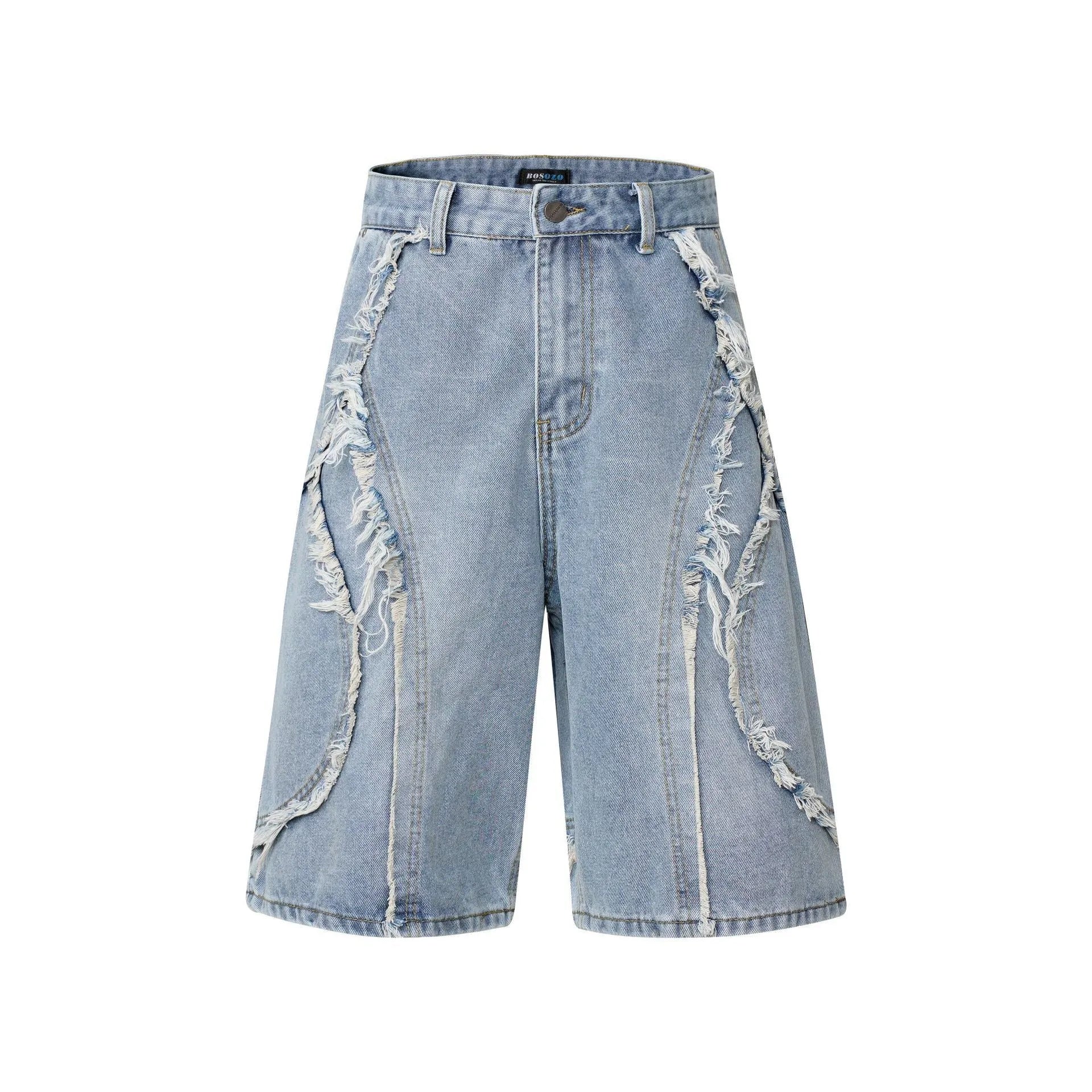 Men's distressed denim shorts with raw edge hem in straight leg fit