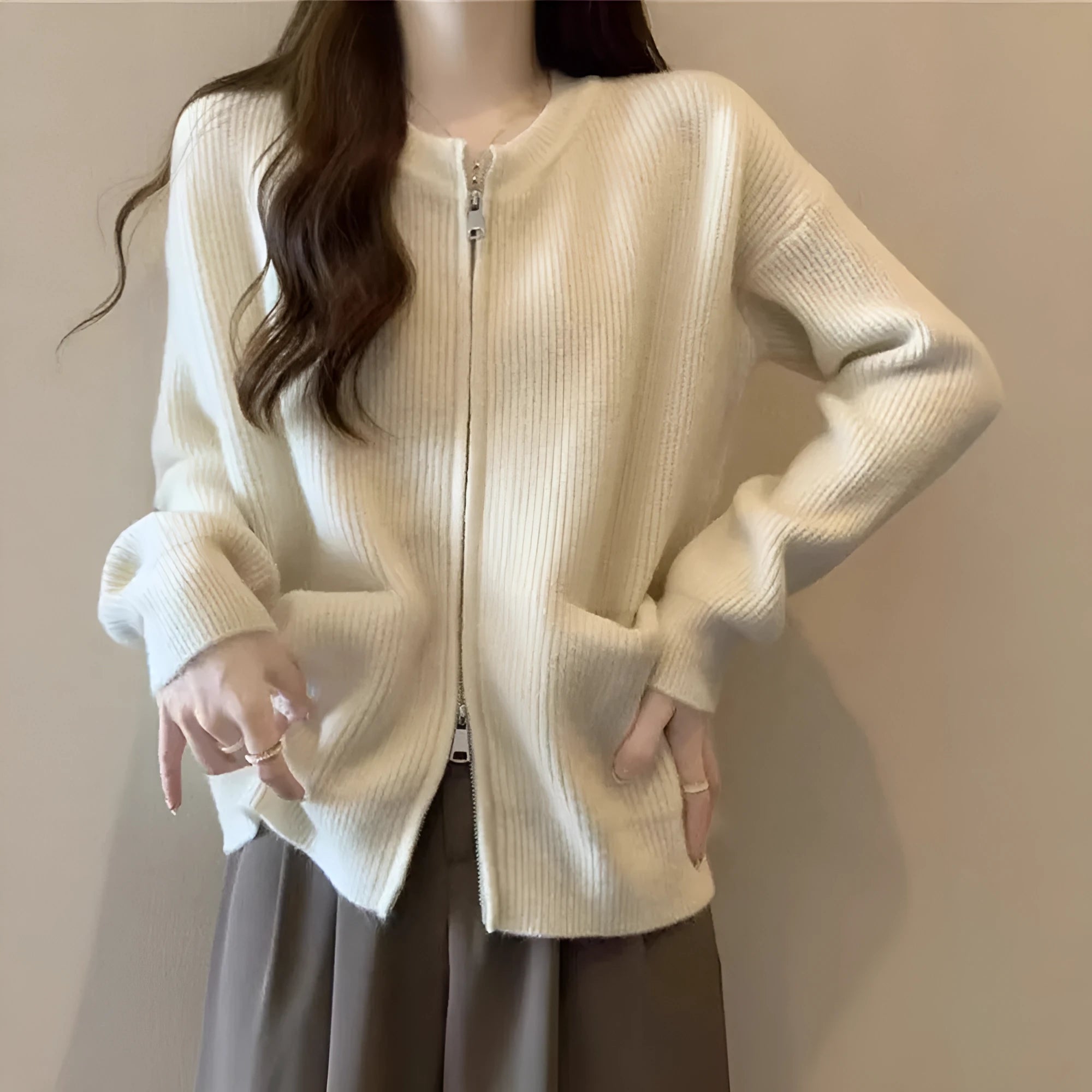 Soft wind glutinous sweater coat cardigan in viscose fibre available in beige, grey, black and khaki colours