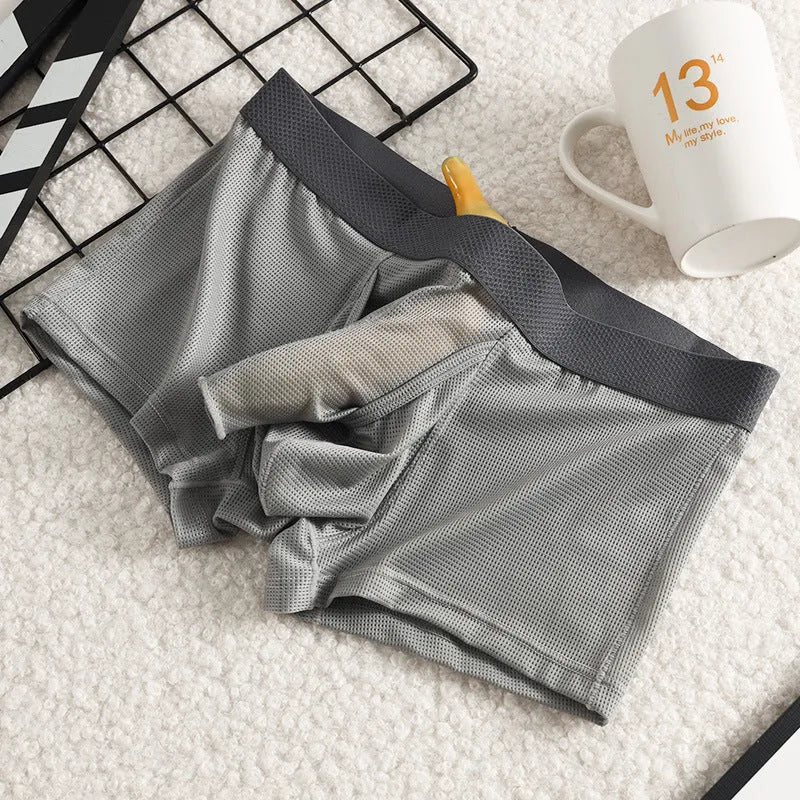 Men's Ice Silk low waist mesh breathable boxer in solid colour nylon fabric