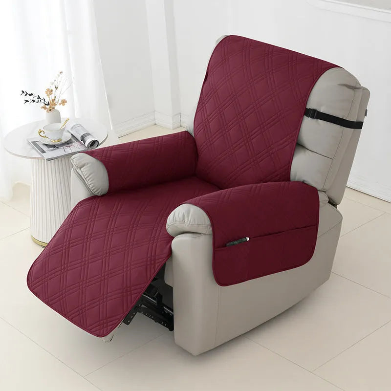 Quilted burgundy sofa cover for a Chivas massage chair cushion on a beige sofa.