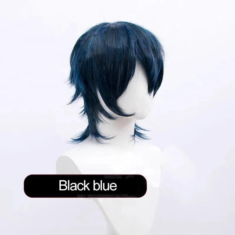 Short anime style cosplay wig with lengthened hair tail on a stand, shown in a solid colour.