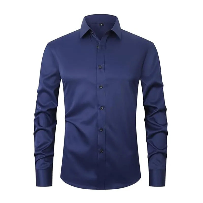 Men's blue stretch long sleeve work shirt made from polyester fabric on a hanger.