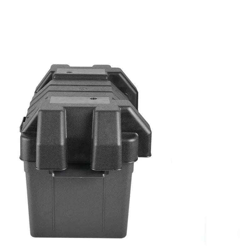 Battery storage box in black PP plastic with strap and base screw fixing, small size shown