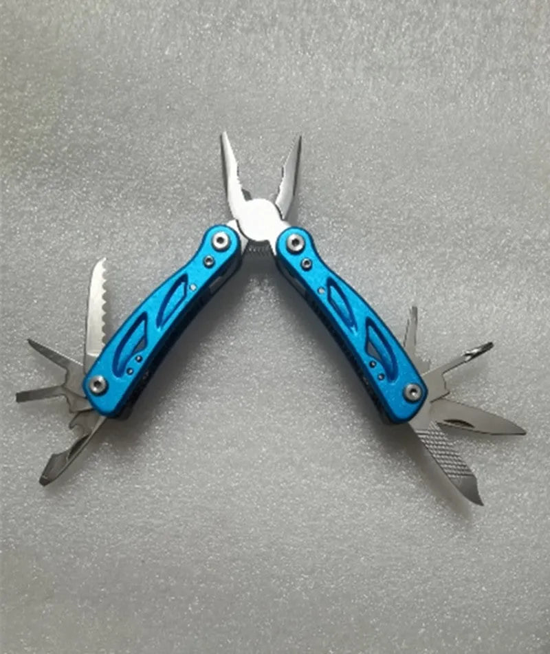 Blue folding outdoor pliers with fruit knife, 125mm, on Oxford storage bag