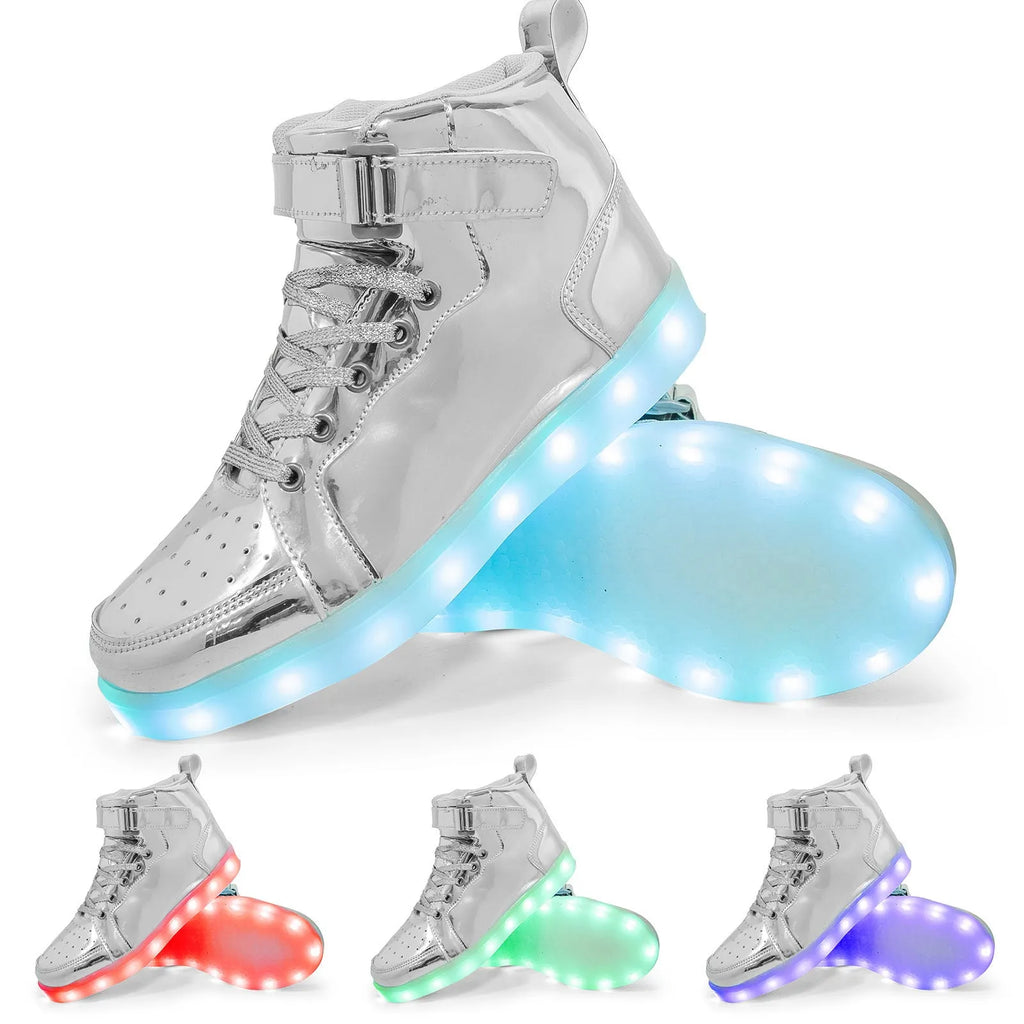 LED high-top board shoes with velcro strap and light-up sole in black, gold, and white colours